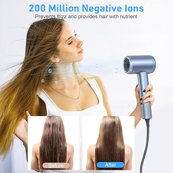 Hair Dryer, 150000 RPM High-Speed Brushless Motor Negative Ionic Fast Drying Blow Dryer with LCD Display, 4 Temps & 3 Speeds and 2 Magnetic Nozzle Hairdryer for Woman Kids Salon