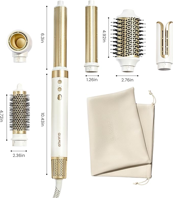 GLAMUP® 6 in 1 Hot Air Styler, Upgraded Long Barrel, Round Brush, Powerful High Speed Dryer, Tight Grip, Curling Volumizing Gift Set with Travel Bag