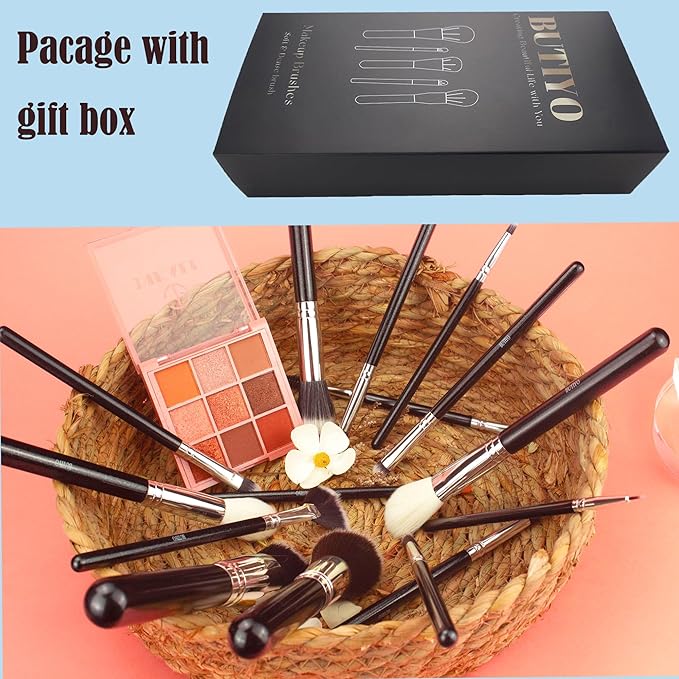 Makeup Brushes Set BUTIYO 15 Pcs Synthetic Foundation Powder Concealers Eye shadows Blush Eye Brow Makeup Brushes with black (15 PCS) FB029