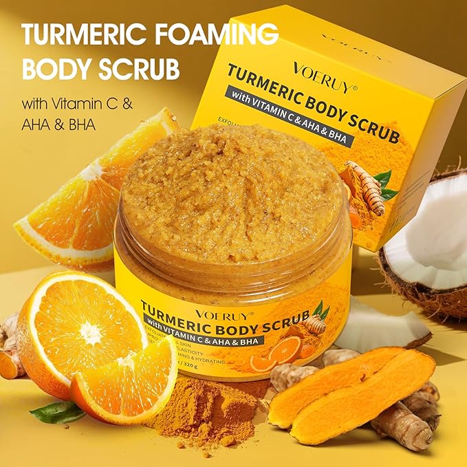 Body Scrub,Turmeric Exfoliating Body Scrub with AHA & BHA, Gentle Body Exfoliator with Vitamin C for Body Hand Foot Bikini Area - 11.3oz