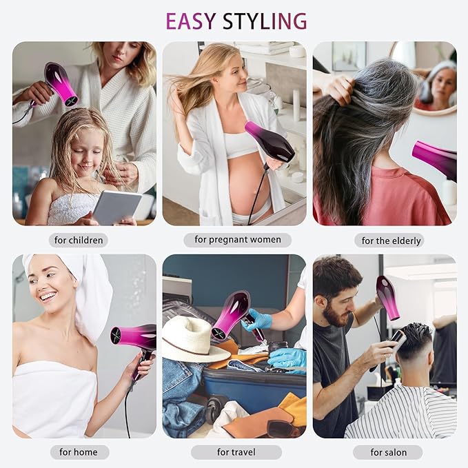Ionic Hair Dryer,2400W Negative Ion Low Noise Hair Dryer Professional Fast Drying Hair Dryers with 2 Speeds, 3 Heat Settings, Cooling Button,with Diffuser for Curly and Straight Hair(Crimson Fade)