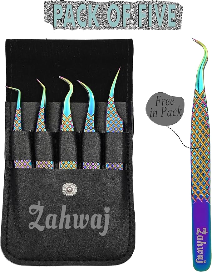 Lash Tweezers - Set of 5 Diamond Grip Eyelash Tweezers - Stainless Steel Professional Fiber Tip Lash Tweezer for Eyelash Extensions (Rainbow)