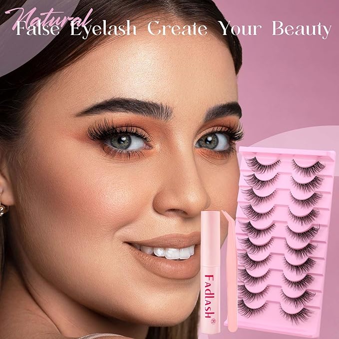 FADLASH False Eyelashes Kit Black Natural Cat Eye Lashes with lash bond Wear Comfortable Fake Lashes with Thin Band 10 Pairs Lash Applicator Tool at Home, BY003