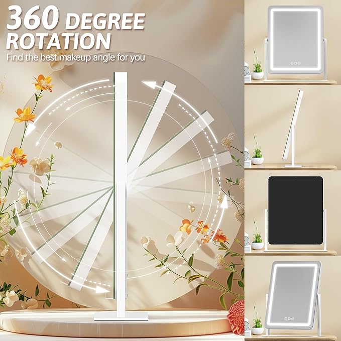 ROLOVE 22x18 Inch Vanity Mirror with Lights, 3 Color Dimmable LED Lighting, Smart Touch Control & 360° Rotation, Large Makeup Mirror for Bedroom, Dressing Room (White)