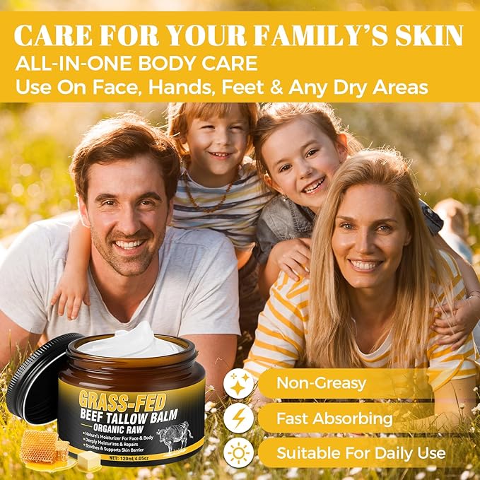 Beef Tallow for Skin Cream 120ml, Tallow And Honey Balm, Grass-Fed Whipped Tallow Face Moisturizer, Deep Nourishing for Face & Body, Suitable For All Skin Types