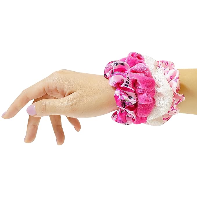 Barbie Hair Accessory 5 Pcs Set - 1 Regular 9 inch Hairbrush & 4 Scrunchies - Detangling Brush Elastic Hair Ties Ropes, Ages 3+