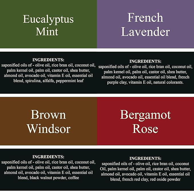 Traverse Bay Bath and Body Natural Cold Process Soap His & Hers 4-Bar Variety Pack, Brown Windsor, French Lavender, Eucalyptus Mint, Bergamot Rose, 5.5 oz Each, 22+ oz Total