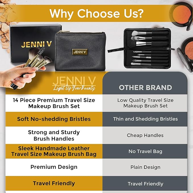 JENNI V Premium Travel Makeup Brushes Set - 14 Pc Mini Makeup Brushes with Handmade Leather Case - Portable Travel Makeup Brush Set with Holder - Travel Size Makeup Products for Blush, Foundation