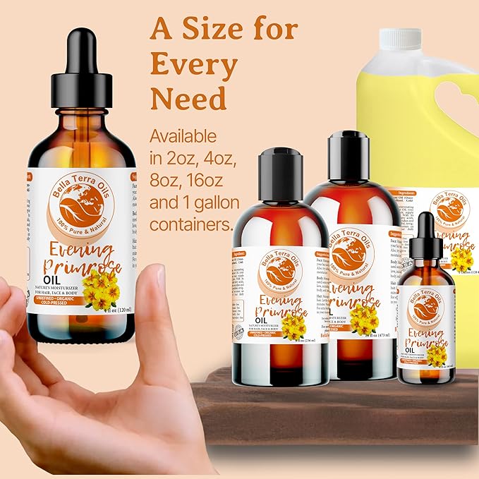Bella Terra Oils - Organic Evening Primrose Oil 16oz - Discover the Cold-Pressed Excellence of Primrose, Loaded with Essential Nutrients & Omega-6, Distinct Elixir for Luminous Skin