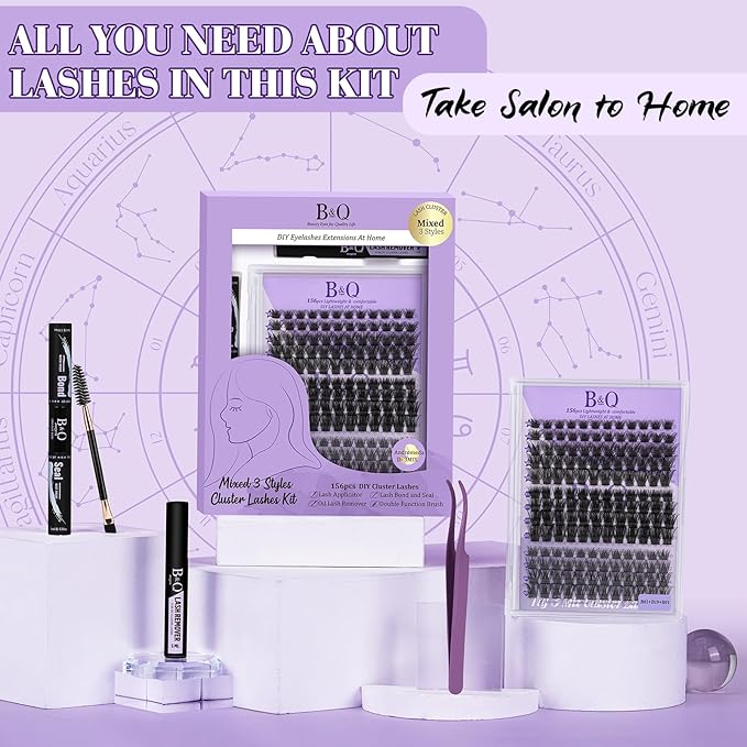 Lash Clusters Kit B01+B02+B19 Eyelash Extension Kit B&Qaugen DIY Lash Extension Kit 156 PCS Lash Clusters 8-18mm Cluster with Lash Bond and Seal Lash Applicator Tool (Kit,Andromeda)