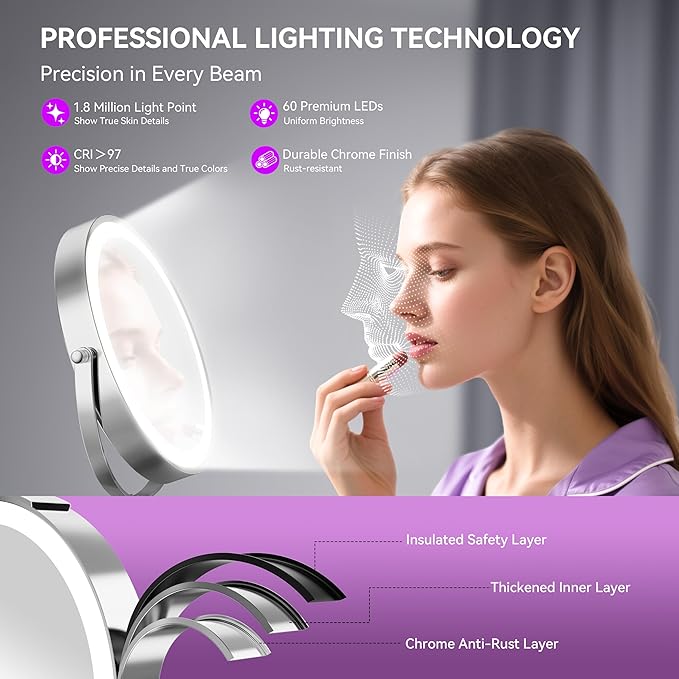 Auxmir 9" Large Lighted Makeup Mirror with Magnification, 1X/30X Double Sided Magnifying Mirror with Adjustable Height, Rechargeable Vanity Mirror with 3 Color Dimmable Lights, 360ยฐ Rotation