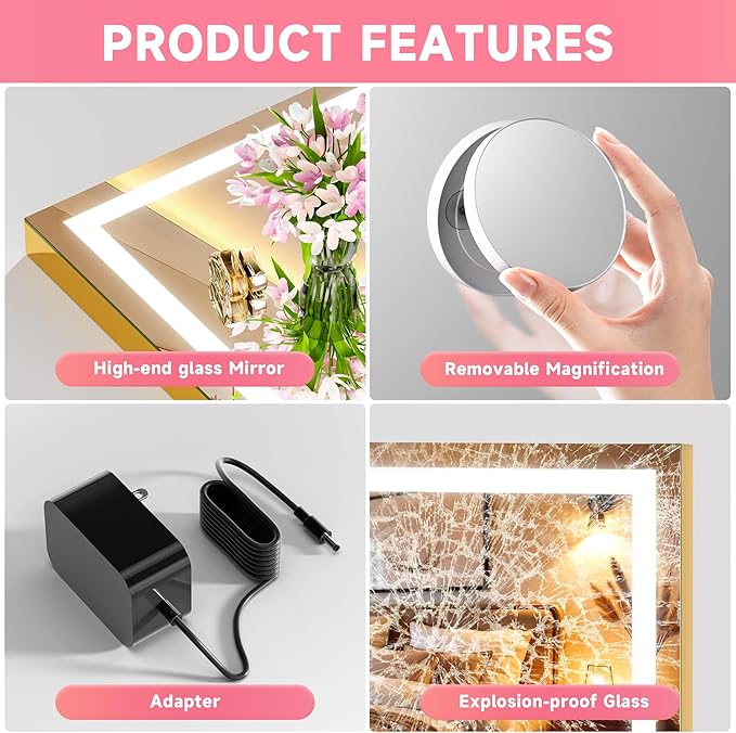 Vanity Mirror with Lights, 32" x 22" LED Makeup Mirror with 10X Magnification, Dimmable 3 Modes, Memory Function, Smart Touch, USB Charging Port, Lighted Makeup Mirror Square Glod