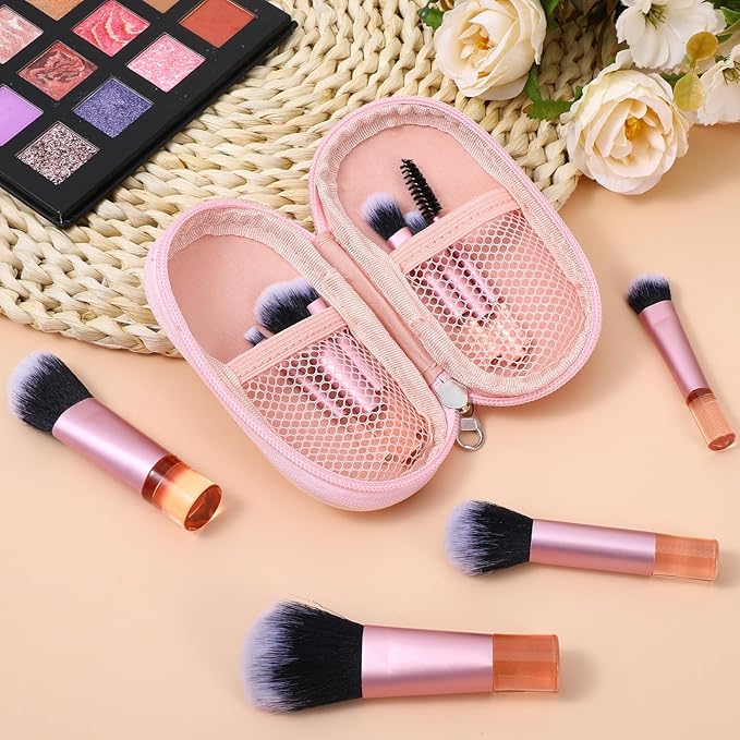 10Pcs Pink Travel Makeup Brush Set with Cosmetic Bag, Mini Makeup Brushes Professional Kit, Portable Make Up Brushes for Foundation, Eyeshadow, Blush and On the Go Application