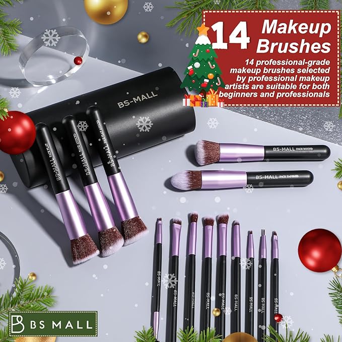 BS-MALL Makeup Brushes Premium Synthetic Foundation Powder Concealers Eye Shadows 14 Pcs Purple for Makeup Beginner or Professional with Travel Case