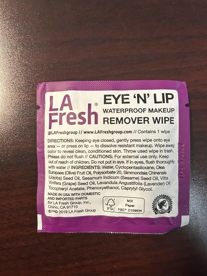 LA Fresh Eye and Lip Waterproof Makeup Remover Wipes Pack of 50 Individually Wrapped Wipes Made With Vitamin E, Olive Oil Convenient Size For Purse, Gym Bag, Car, Anywhere On The Go