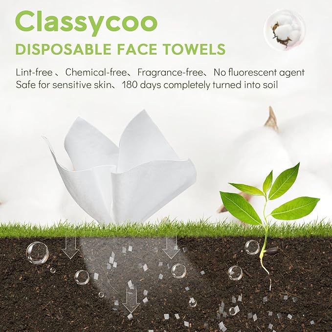 Classycoo 2 Pack Disposable Face Towel XL, 100% Cotton, Soft for Sensitive-Skin Facial Towelette Wipes Clean Towels, Odor-Free, Makeup Remover Cloths for Hand Dry Wipe, 12 x 10 in