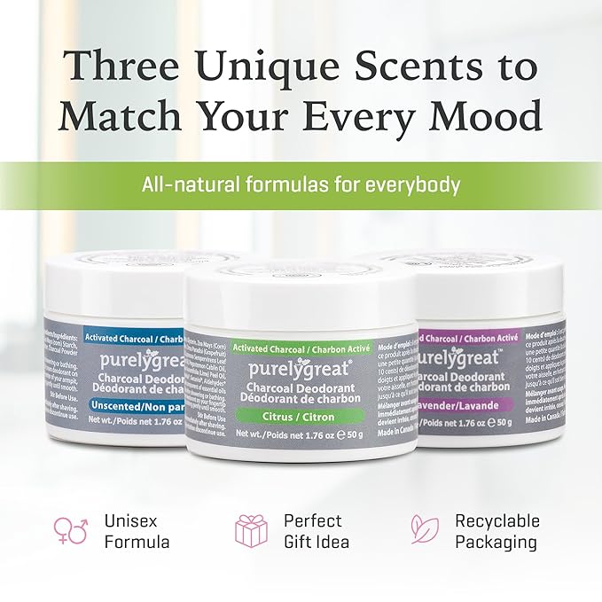 Purelygreat - Citrus Scented Charcoal Deodorant Cream, Chemical-Free Hygiene Essentials for Women, Natural Deodorant for Men Made with Activated Charcoal, Soda & Essential Oils, 1.76 oz / 50 g