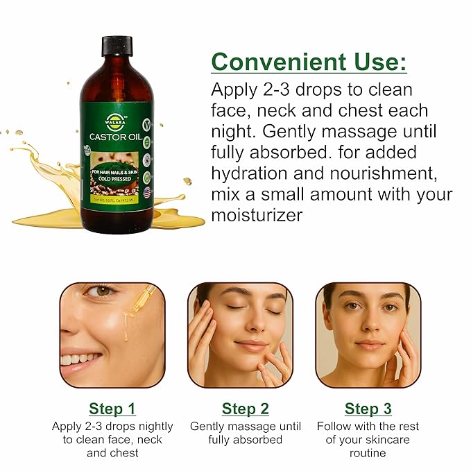 Pure 100% Original Castor Oil (16 oz) – USDA Certified Organic, Cold Pressed, Hexane-Free. Eyelash, Eyebrow & Hair Growth Stimulator, Skin Moisturizer & Hair Treatment