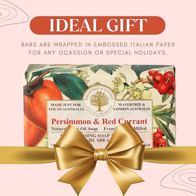 Wavertree & London Persimmon & Red Currant Scented Natural Soap (8 Bars), 7oz Moisturizing French Triple Milled Soap Bars enriched with shea butter - Pure Plant Oil Bath & Body Bars for All Skin Types
