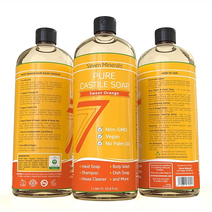 Seven Minerals Pure Castile Soap, Sweet Orange - No Palm Oil, GMO-Free - Gentle Liquid Soap For Sensitive Skin & Baby Wash - All Natural Vegan Formula with Organic Carrier Oils (33.8 fl oz)