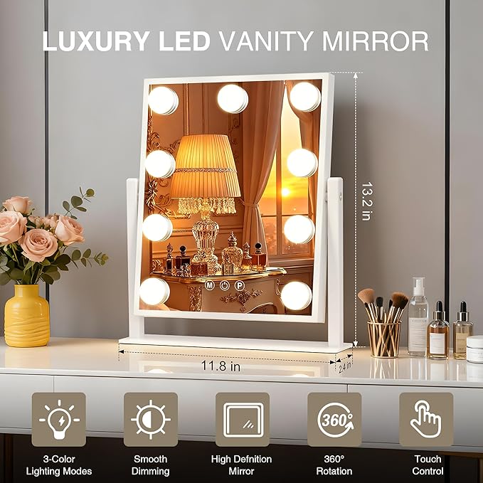 Makeup mirror with lights,Hollywood Vanity Mirror with 9 LED Bulbs,12" x 13.2" Plug in Makeup Mirror for Desk,Smart Touch Control 3Colors Dimmable, light up mirror for makeup,Bedroom,Tabletop,White