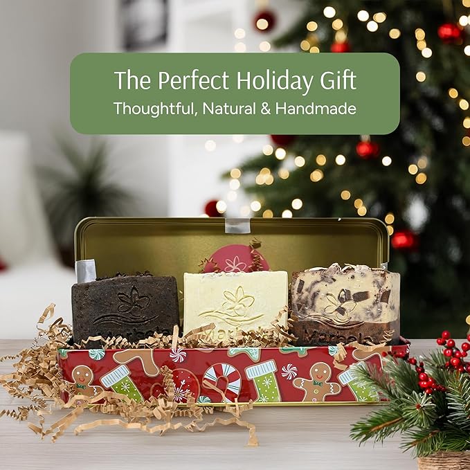 Marbela Cosmetics Santa’s Cookies Handmade Soap Gift Box – Chocolate Chunk, Natural Oats & Espresso Palm Oil Free, Natural Bar Soaps Gentle Face & Body Soaps for Daily Skin Care, Made in USA, Vegan