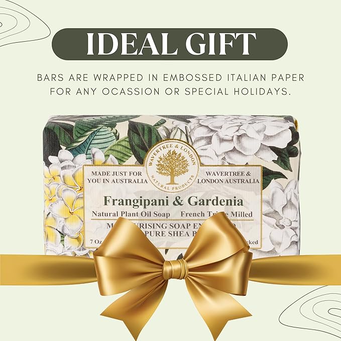 Wavertree & London Frangipani and Gardenia Scented Natural Soap (8 Bars), 7oz Moisturizing French Triple Milled Soap Bars enriched with shea butter - Pure Plant Oil Bath & Body Bars for All Skin Types