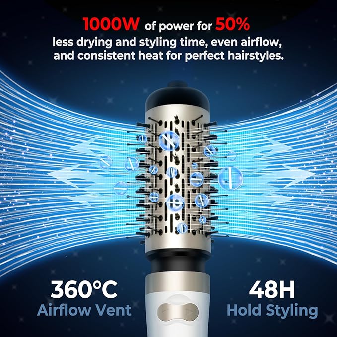 3 in 1 Rotating Hair Dryer Brush, Auto Rotating Blow Dryer Brush Spinning with 2 Brushes (2" & 1.5"), Negative Ionic Brush Blow Dryer, Round Brush Blow Dryer Volumize Curling 100-120V
