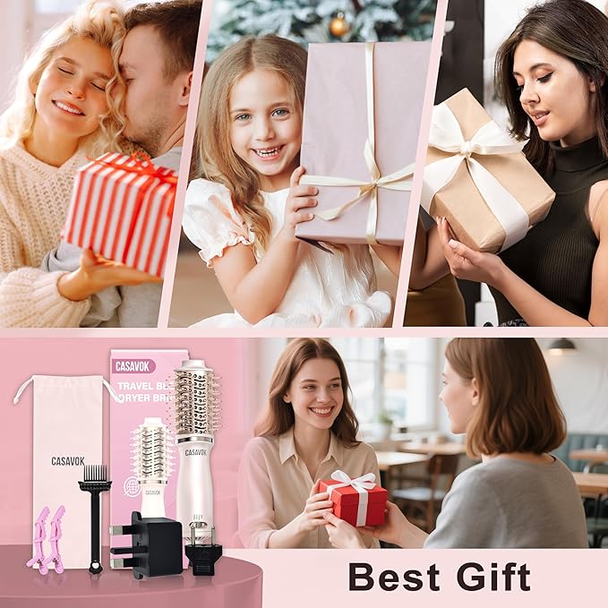 Dual Voltage Hair Dryer Brush for Travel,4 in 1 Blow Dryer Brush,2 Inch Mini Hot Air Brush for Short Hair,Volumizer,110-240V Dual Voltage with European Plug Adapter,OvalBrushBlowDryer for Women(Pink)