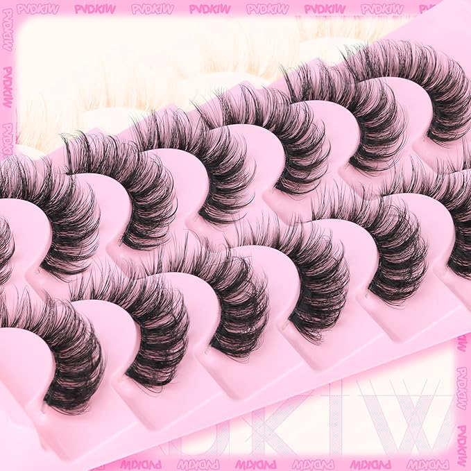 Mink Fake Lashes Wispy False Eyelashes Clear Band Natural Look Cat Eye Lashes Pack 3D 8-15mm Strip Lashes Wispy, 7 Pairs