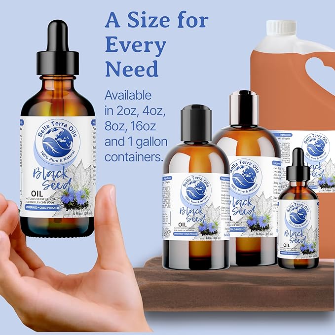 Bella Terra Oils - Black Seed Oil 2oz - Celebrating Black Cumin's Nutritional Legacy, Infused with Gamma Linoleic Acid, A Premium Cosmetic Companion