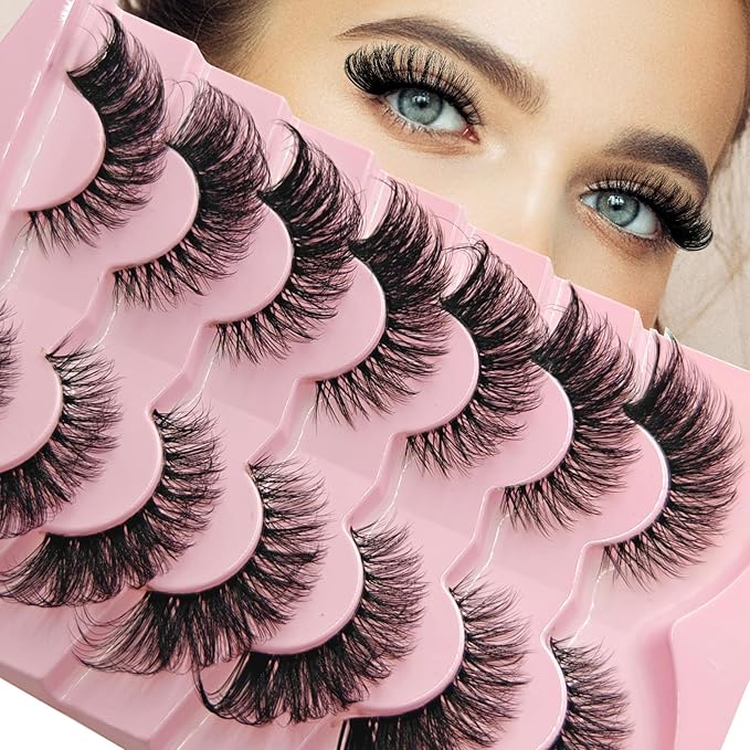 MIKIWI Wispy Strip Lashes Clear Band Fluffy Faux Mink Eyelashes Cat Eye Lashes 7 Pairs False Eyelashes(GL01)