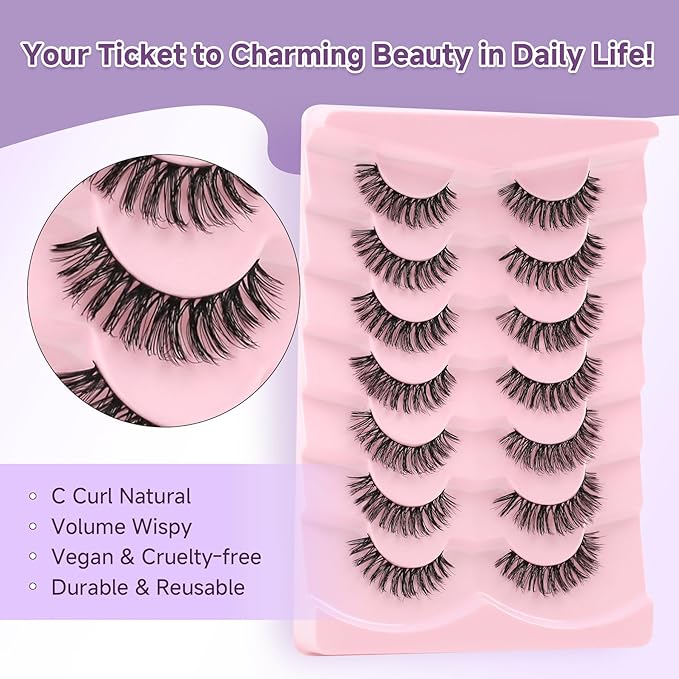 Eyelashes Natural False Lashes Wispy Lash 14mm Eyelash with Thin Memory Band Volume Lashes Strips C Curl Fake Eyelashes 7 Pair EVENTILL