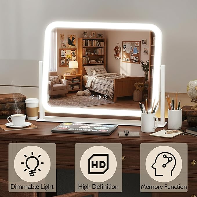 HNV Lighted Makeup Mirror, 17"x13" Hollywood Vanity Mirror with Lights, 10X Magnification, 3 Color Dimmable LED, Smart Touch Control, 360° Rotation Tabletop Mirror for Bedroom & Dressing Room (White)