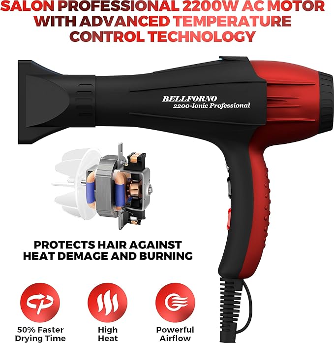 Professional Ionic Salon Hair Dryer, 2200 Watt Powerful AC Motor Ceramic Tourmaline Ion Blow Dryer, Quiet Hair Dryers with Diffuser & 2 Concentrator Nozzle Attachments Black/Red