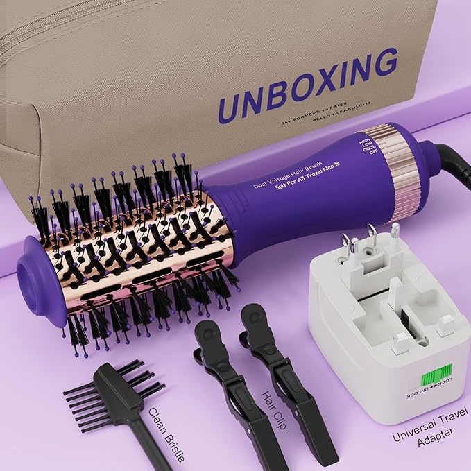 Hair Dryer Brush Blow Dry Brush in One, 2 Inch Oval Shape Hot Air Brush, Travel Hair Tools/Volumizer/Straightener/Curler, European Blow Dry Brush with Universal Adapter