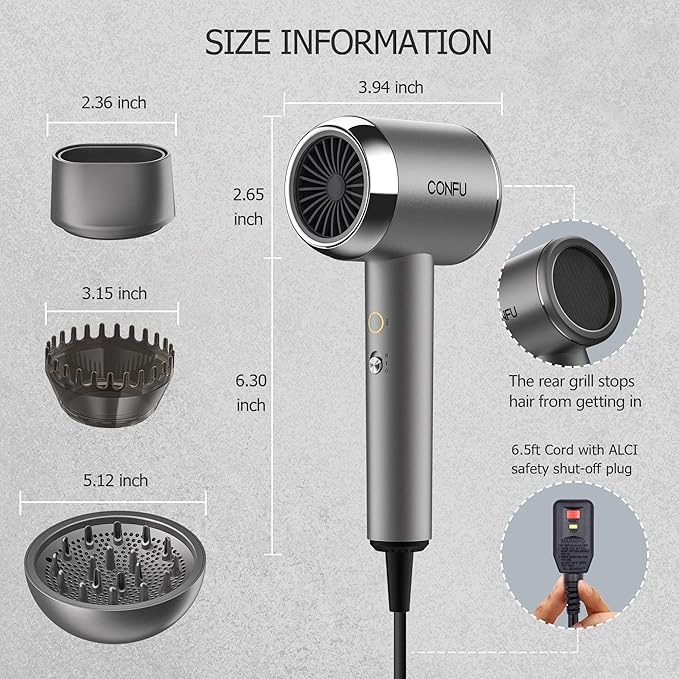 CONFU Diffuser Hair Blow Dryer - Plasma Ionic Professional 1600 Watt Hairdryer Fast Drying for Curly Hair Anti Frizz - Lightweight Portable Ion Blower Dryer for Women & Men