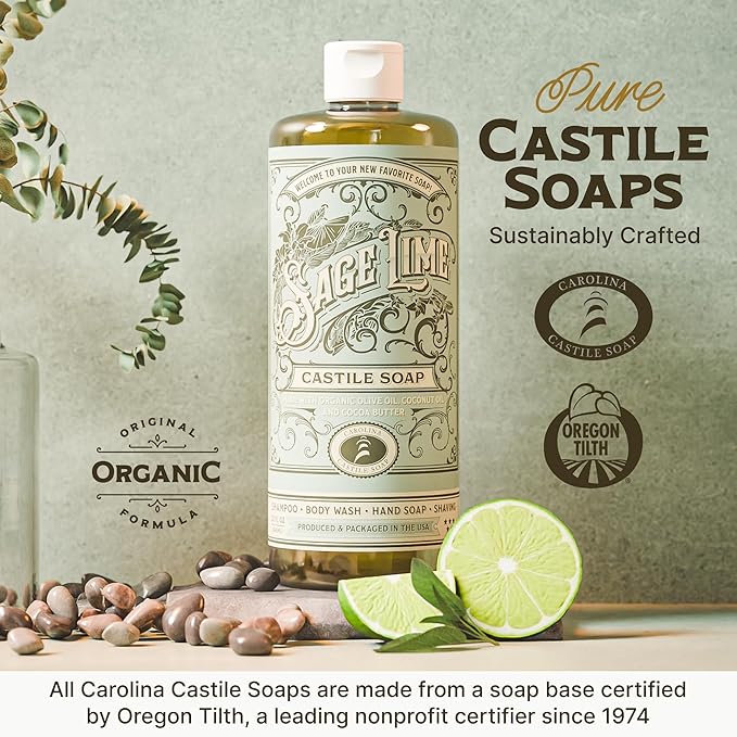 Carolina Sage Lime Castile Soap Liquid – Skin-Softening Olive Oil Soap Organic Body Wash – Pure Castile Soap Sage Lime Liquid Soap – Vegan Castile Soap Liquid (Sage Lime, 1 gallon)