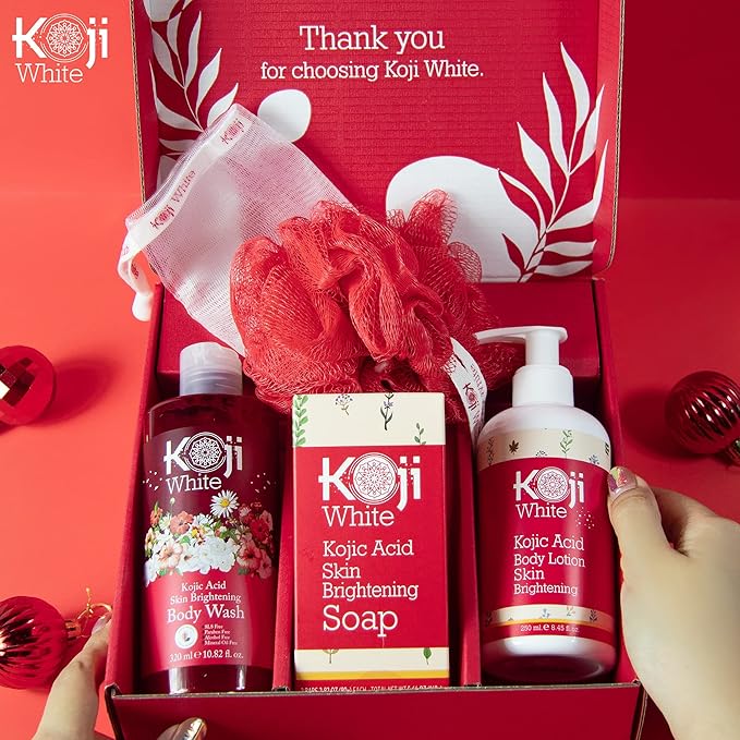 Koji White Gift Set for Women Bath Set - Kojic Acid Soap, Body Wash and Body Lotion for Glowing Skin, Moisturizer, Nourishing, Even Skin Tone, Vegan Skincare Gift Set (3 Pcs)