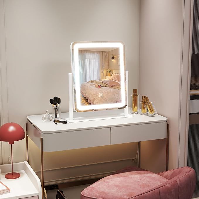 ROLOVE Vanity Mirror with Lights, 12.6"×15" LED Makeup Mirror, Lighted Makeup Mirror with Lights, Smart Touch Control Dimmable 3 Modes Light, Lighted Up Mirror for Makeup Desk, Bedroom, Dressing Room