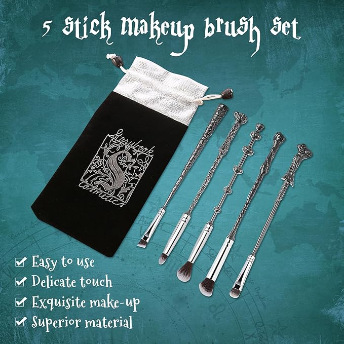 Wi-zard Wand Makeup Brushes Set, Potter Make Up Brush Set for Women Girls 5pcS,Best Harry Gifts for kids(Silver)