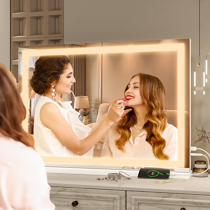 FENNIO Vanity Mirror with Lights 32"x22", Lighted Makeup Mirror, Large Vanity Mirror, Touch Sensor with 3-Color Lighting, USB Charging Port for Vanity Desk(Square White)