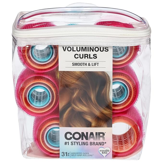 Conair Heatless Hair Curlers, Self-Grip Hair Rollers for Women Provide Lift & Volume, Assorted Sizes & Colors, 31 Count with Reusable Zippered Bag