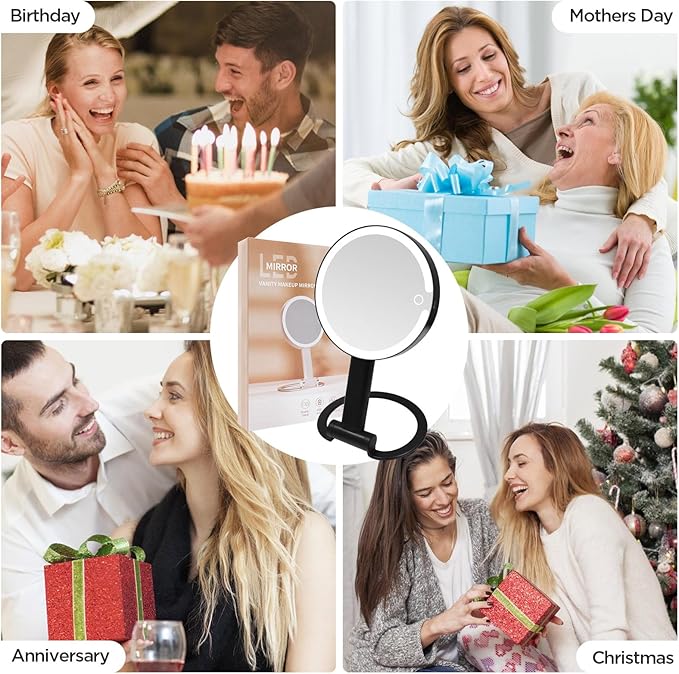 Lighted Makeup Mirror with 3 Color Modes & Dimmable Brightness, 360° Rotation, Double-Sided 1X/10X Magnifying Mirror, Rechargeable Portable Vanity Mirror for Home and Travel, Touch Control - White