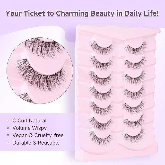 Lashes Natural False Eyelashes Short Lashes 13mm Wispy Eyelashes with Clear Band 3D Volume False Lashes Soft Strip Lashes Pack C Curl Natural Eyelashes Fake Lashes 7 Pair EVENTILL