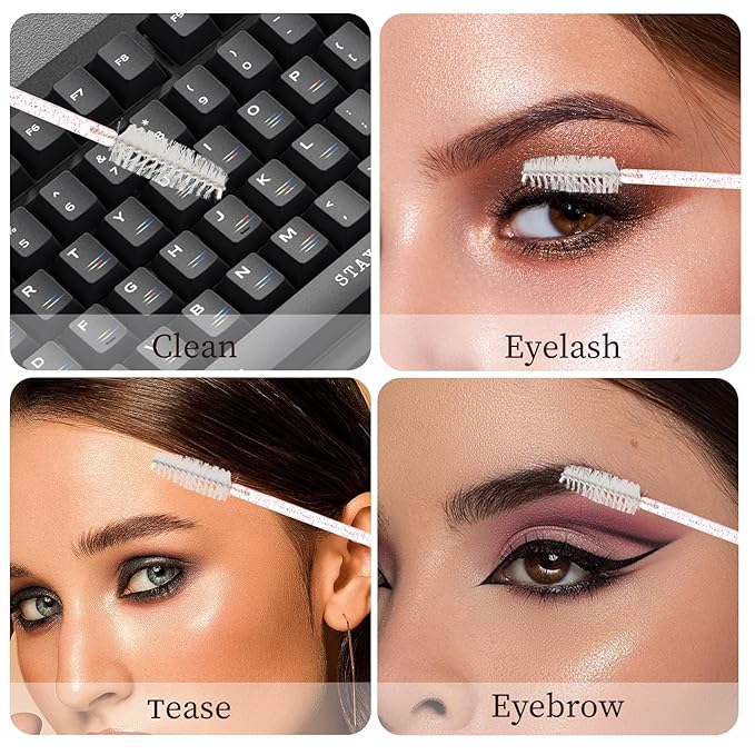 100 PCS Crystal Eyelash Mascara Wands Disposable Lash Brushes for Extensions Spoolie Brush Applicators Makeup Tool Kits (Pink handle White)