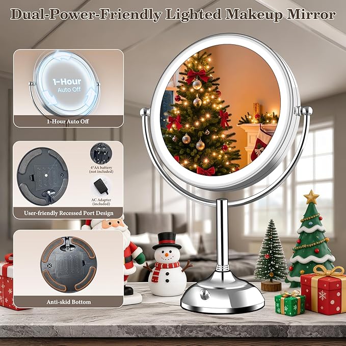 VESAUR Upgraded 11" Large 17" Tall Lighted Makeup Mirror Silver, 1X/10X Dual-Sided Magnifying with 15X Suction Mirror, 3 Color Adjustable Lights, 360° Swivel Dual Power Vanity Mirror, Gift Box