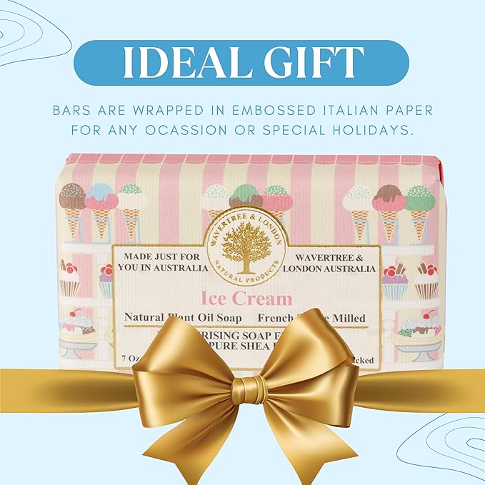 Wavertree & London Ice Cream Scented Natural Soap (8 Bars), 7oz Moisturizing French Triple Milled Soap Bars enriched with shea butter - Pure Plant Oil Bath & Body Bars for All Skin Types