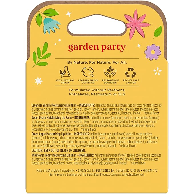 Burt's Bees Back To School Gifts Ideas - Garden Party Lip Balm Set, Lavender Vanilla, Sweet Peach, Green Apple, Wildflower Honey, Natural Origin Lip Treatment, 4 Tubes, 0.15 oz.