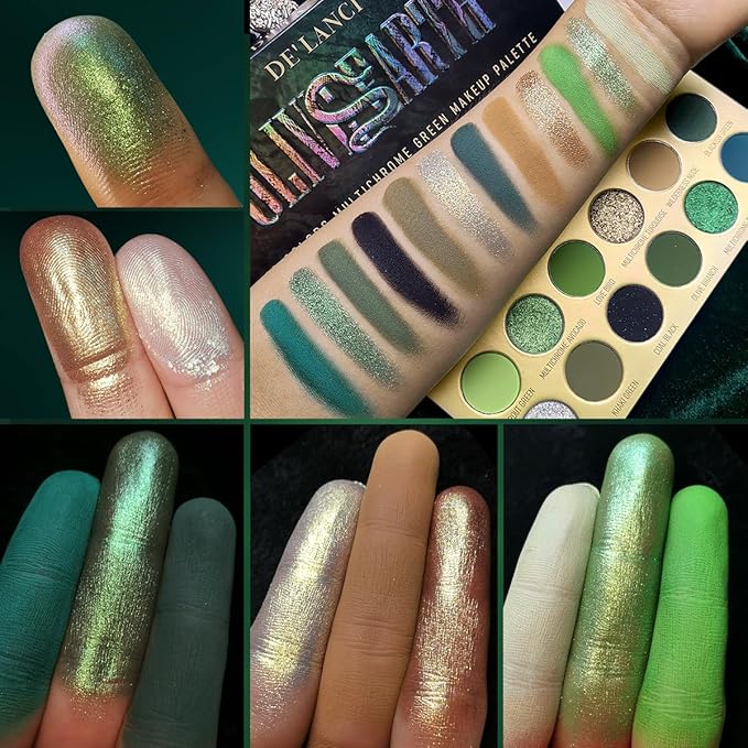 DE'LANCI Olive Green Eyeshadow Palette Multichrome, Ultra-Pigmented Chrome Brown Green Eye Shadow for Green Eyes Makeup, Matte Shimmer Dark Lime Emerald Eyeshadow Pallet for Goth Cos Christmas Makeup
